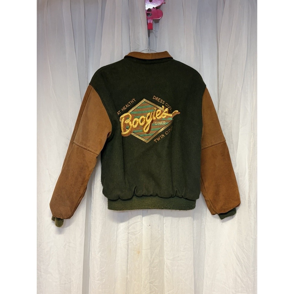 VTG 90s Boogies Diner Twin Cities Varsity Jacket Wool Suede Green Brown Sz S